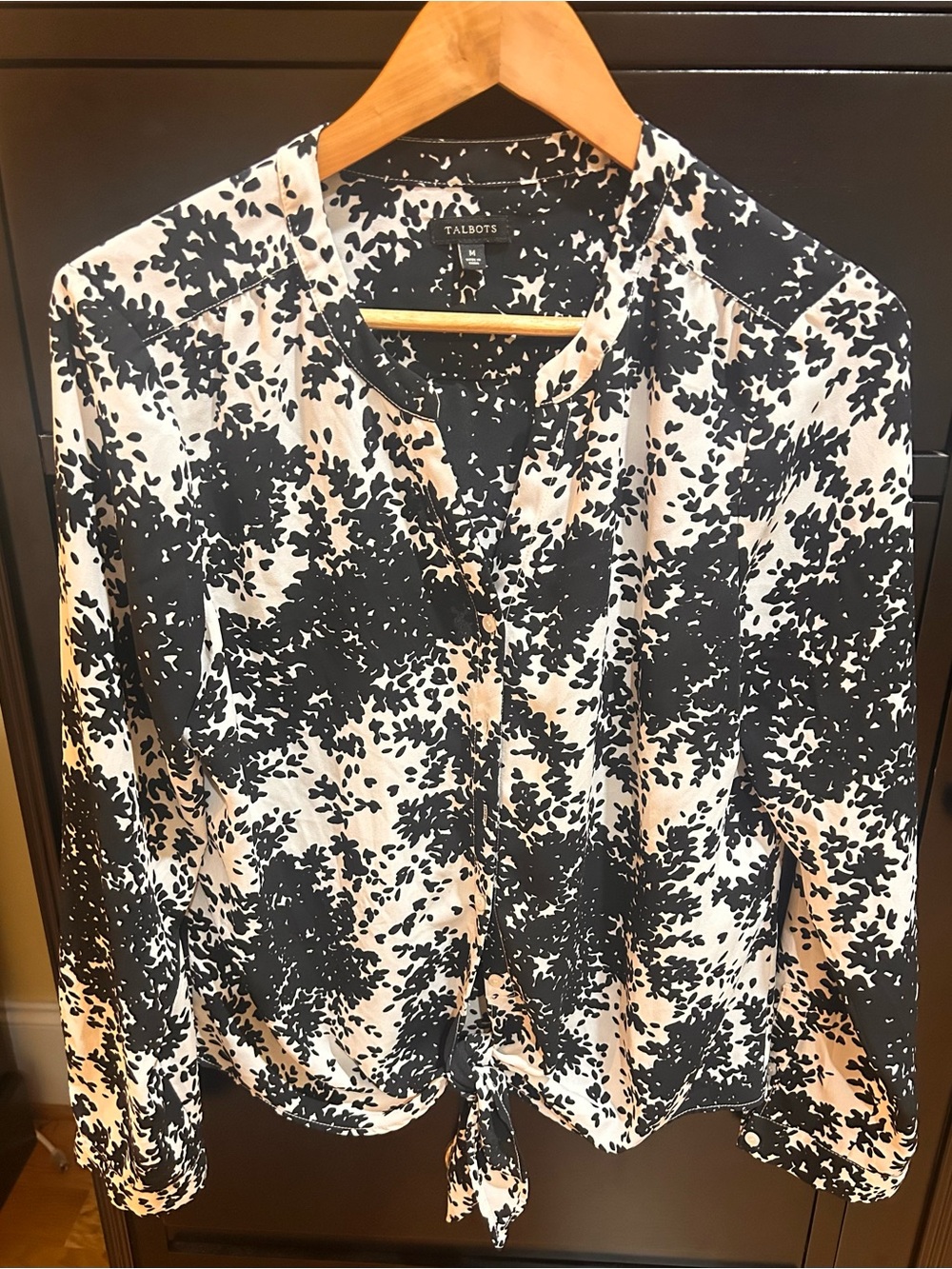 Talbots Black and White Floral Tie-Hem Blouse